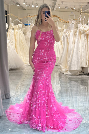 Mermaid Hot Pink Beading Tulle Prom Dress with Lace-up Back
